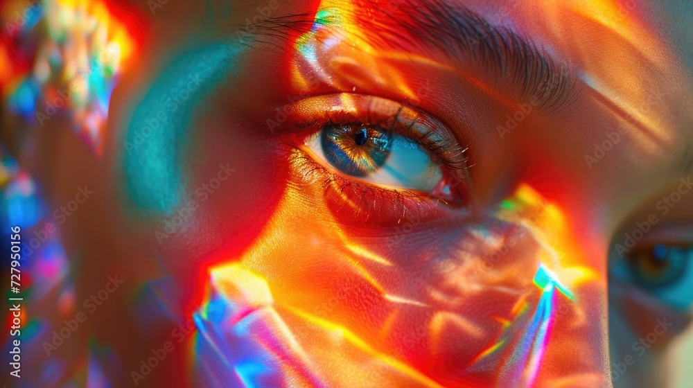 Creative portrait of a girl through a kaleidoscope or stained glass window. Surreal refraction, multifaceted, bright, colorful reflection on the face.