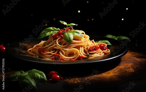 Dark plate with italian spaghetti on dark background