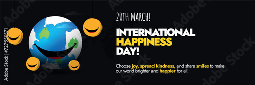 International day of Happiness. 20th March International Happiness day cover banner, card with smiling earth globe and different smiling, happy yellow emojis. Smile and spread happiness. Happy world. 