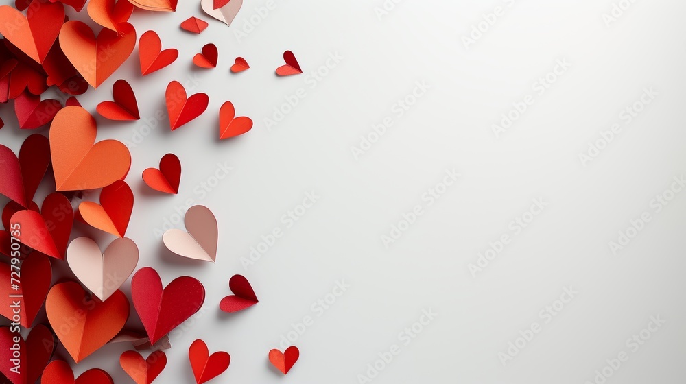 Love and Valentine's day concept. Birthday greeting card design.Flying red paper hearts on white background. Valentine's Day. Symbol of love. Copy space. Love and Valentine's day concept. Birthday greeting card design.Flying red paper hearts on white background. Valentine's Day. Symbol of love. Copy space.
