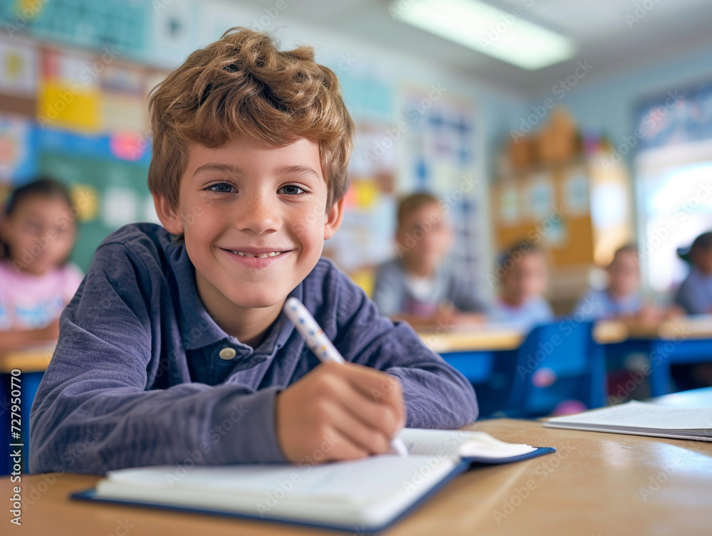 British boy kindergarten student sits and writes note in the classroom, Education in schools in the Europe zone, Classroom in kindergarten. British boy kindergarten student sits and writes note in the classroom, Education in schools in the Europe zone, Classroom in kindergarten.