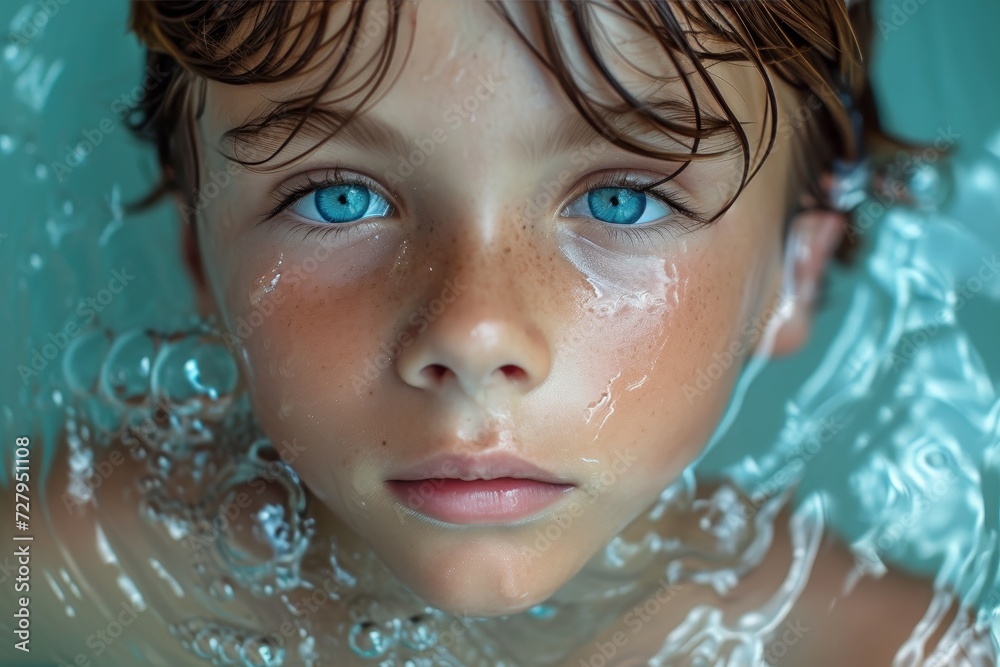 A young boy with piercing blue eyes and a sprinkling of freckles gazes intently into the water, his eyelashes fluttering as he swims with grace and joy, capturing the essence of youth and innocence i A young boy with piercing blue eyes and a sprinkling of freckles gazes intently into the water, his eyelashes fluttering as he swims with grace and joy, capturing the essence of youth and innocence i