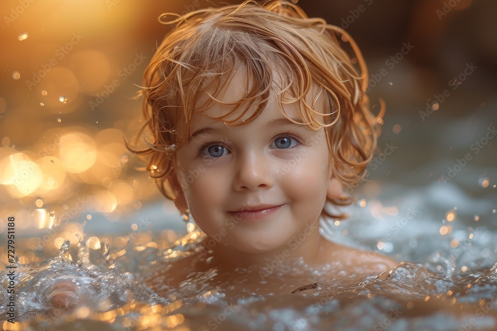 A young child embraces the serenity of the water, their piercing blue eyes reflecting the pure joy of a carefree summer day A young child embraces the serenity of the water, their piercing blue eyes reflecting the pure joy of a carefree summer day