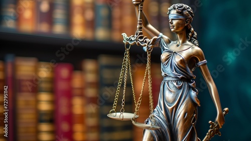 Statue of Lady Justice in front of a bookcase symbolizing law and fairness photo