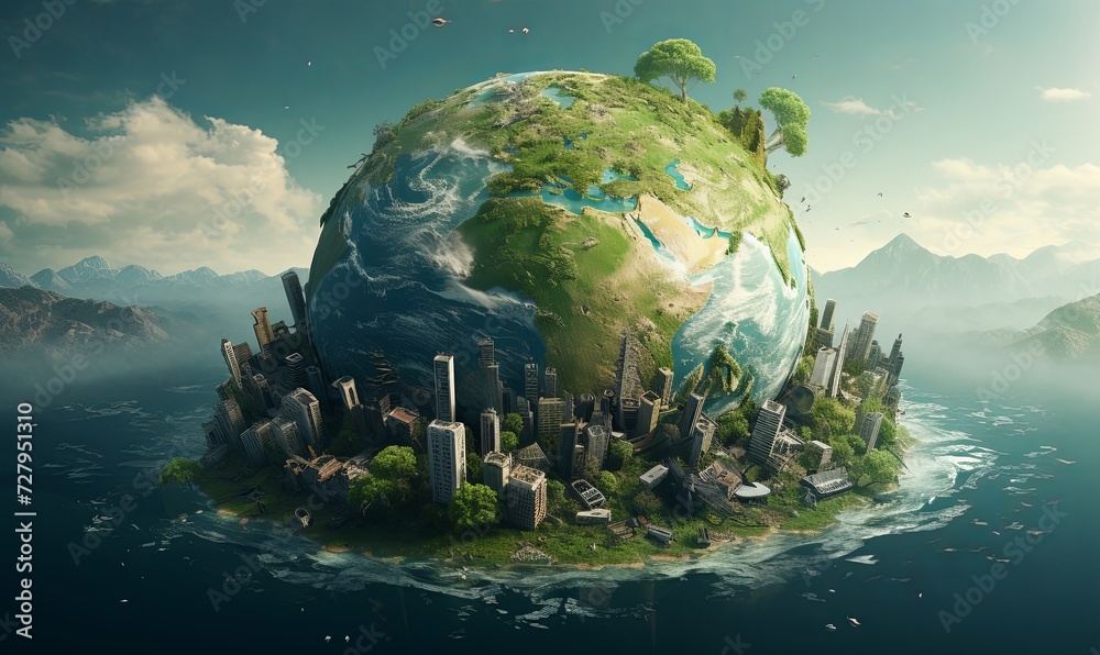 Planet earth covered with destroyed cities and garbage background. Abandoned 3d buildings and factories pollute environment and worlds oceans with plastic and toxic waste - obrazy, fototapety, plakaty 