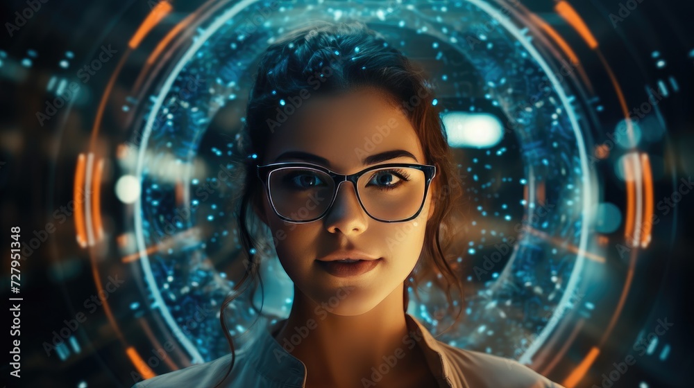 Hi-tech eyeglass, attractive woman wearing high technology glasses with Data line icon on eyeglasses and voice assistance function, generative ai Hi-tech eyeglass, attractive woman wearing high technology glasses with Data line icon on eyeglasses and voice assistance function, generative ai