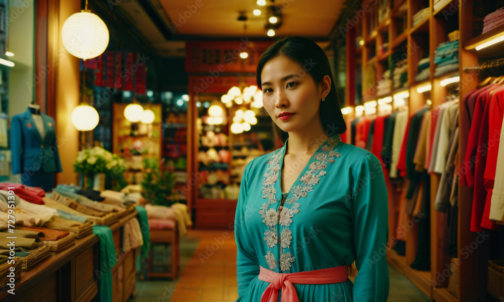 Waiter standing in front of cultural clothing store Waiter standing in front of cultural clothing store