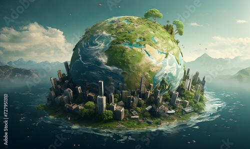 Planet earth covered with destroyed cities and garbage background. Abandoned 3d buildings and factories pollute environment and worlds oceans with plastic and toxic waste photo
