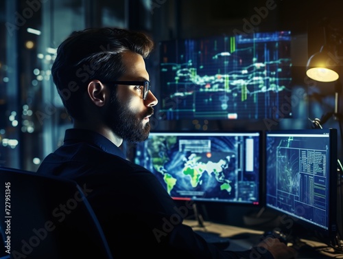 Focused Male Cybersecurity Expert Analyzing Data on Multiple Computer Monitors in a Dark Office Room at Night with Graphs and World Map Displays