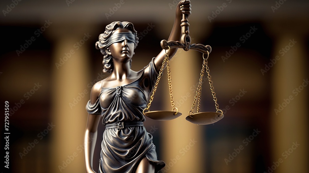 Close-Up of Lady Justice Statue with Golden Scales Symbolizing Fairness, Law, and Legal System