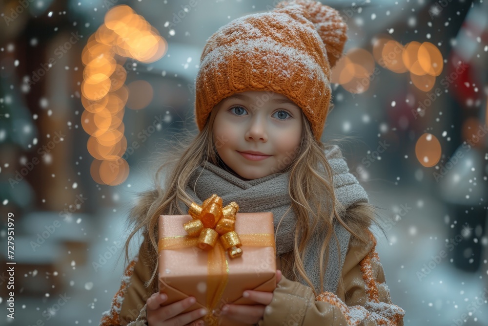 A young woman with a joyful expression holds a beautifully wrapped gift, her winter clothing keeping her warm as she stands in the snow on a christmas day A young woman with a joyful expression holds a beautifully wrapped gift, her winter clothing keeping her warm as she stands in the snow on a christmas day
