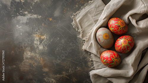 Easter Rustic background. Traditionally decorated eggs on rustic background in dark tones.