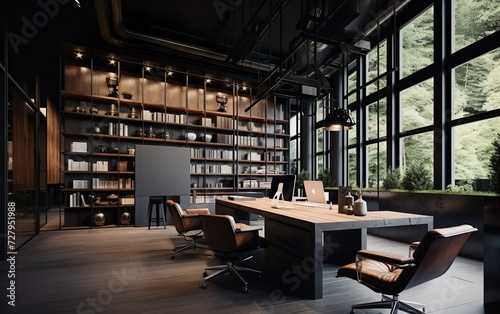 Industrial Style Office Interior with Dark Wood