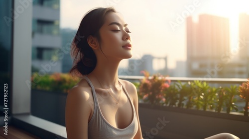 Slim woman practicing yoga on the balcony of her condo. Asian woman doing exercises in morning. balance, meditation, relaxation, calm, good health, happy, relax, healthy lifestyle concept