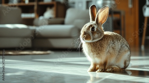 Adorable Fluffy Beige Easter Bunny Sitting on a Soft Gray Rug in a Bright Modern Home Interior with Stylish Furniture and Warm Natural Light