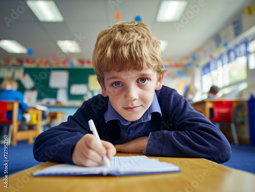 British boy kindergarten student sits and writes note in the classroom, Education in schools in the Europe zone, Classroom in kindergarten.