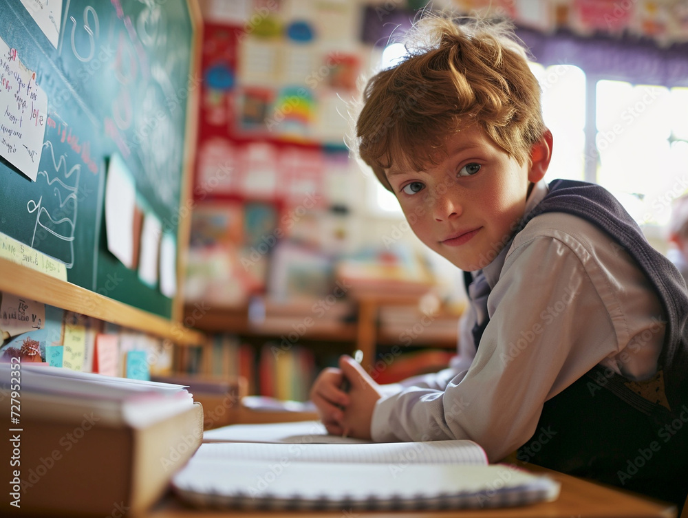 British boy kindergarten student sits and writes note in the classroom, Education in schools in the Europe zone, Classroom in kindergarten. British boy kindergarten student sits and writes note in the classroom, Education in schools in the Europe zone, Classroom in kindergarten.