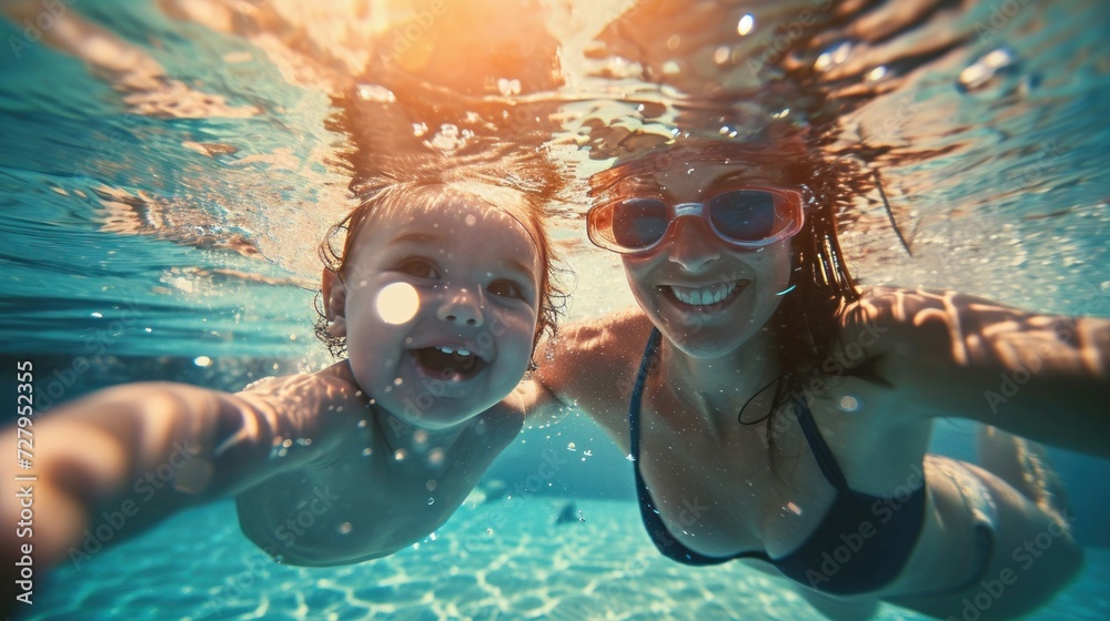 Cute smiling baby and mom having fun swimming and diving in the pool at the resort on summer vacation. Activities and sports to happy kid, family, holiday, - obrazy, fototapety, plakaty 