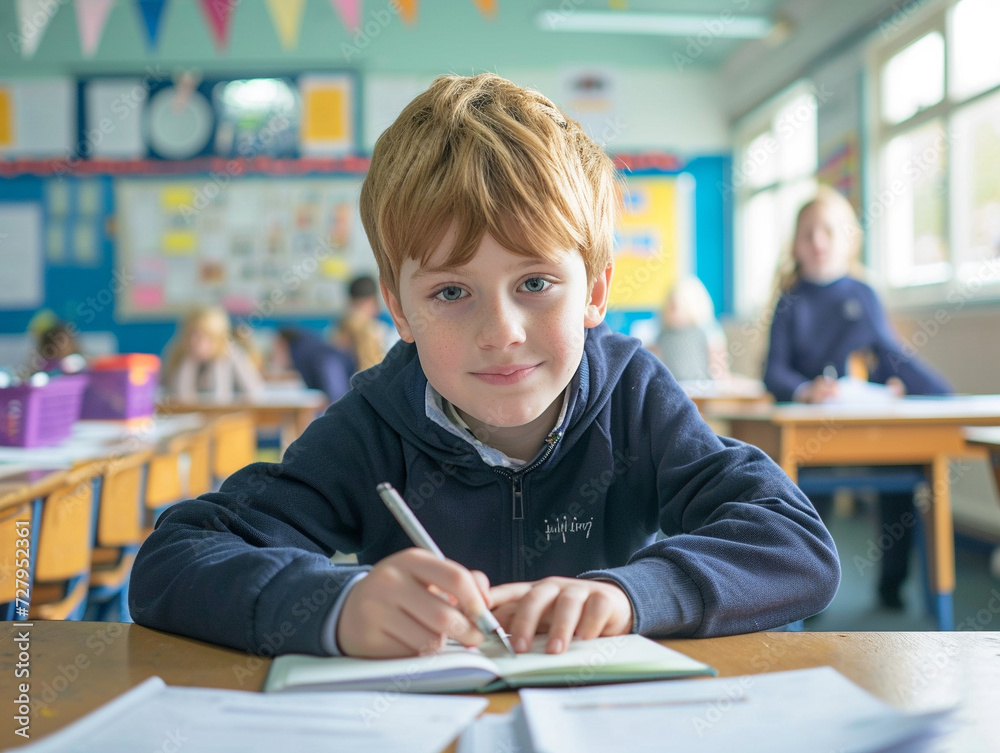 British boy kindergarten student sits and writes note in the classroom, Education in schools in the Europe zone, Classroom in kindergarten. British boy kindergarten student sits and writes note in the classroom, Education in schools in the Europe zone, Classroom in kindergarten.