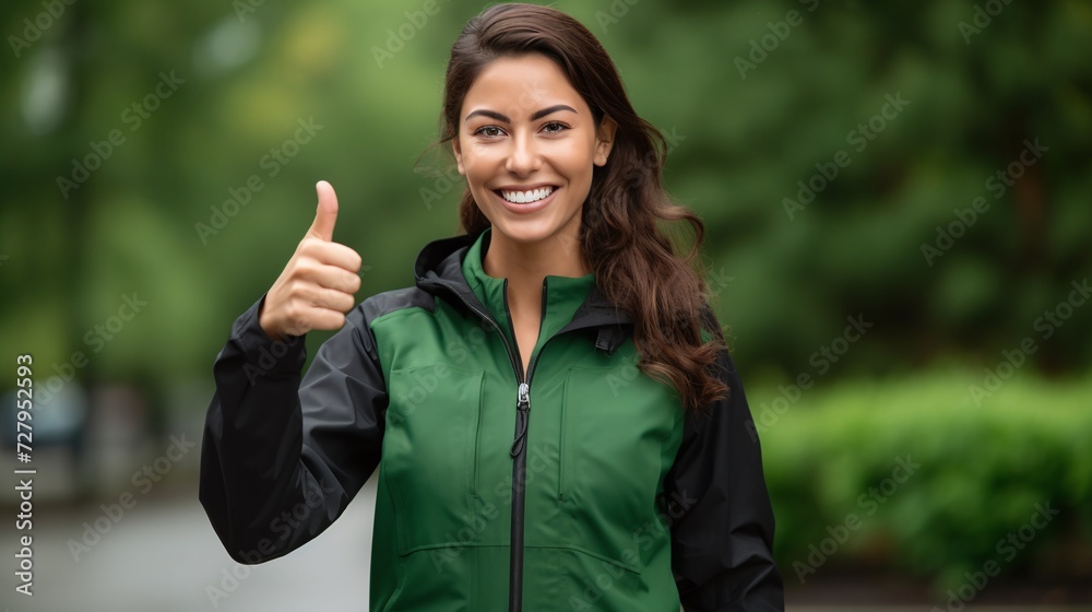 Smiling Gardener Woman Giving Thumbs Up in Green and Black Rain Jacket Outdoors on a Cloudy Day with Lush Greenery in the Background Smiling Gardener Woman Giving Thumbs Up in Green and Black Rain Jacket Outdoors on a Cloudy Day with Lush Greenery in the Background
