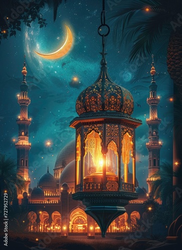 ramadan karrem poster background. a big beautiful lantern with mosque. attractive ramadan lamp background