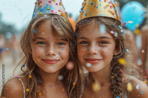 Two young girls are captured in a joyful moment as they don party hats and shower themselves in confetti, their beaming smiles and fashionable accessories adding to the vibrant outdoor scene