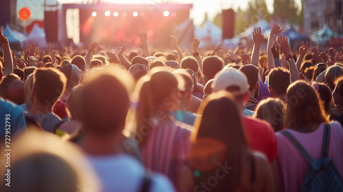 Summer Festival Fun: Crowd Enjoying Outdoor Live Music Performance with Sunset Glow, Stage Lights and Enthusiastic Fans Cheering