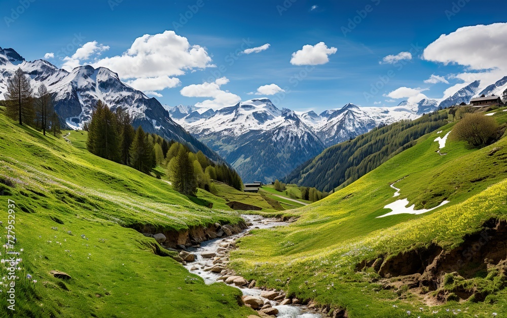 Mountain landscape in the Alps with blooming meadow