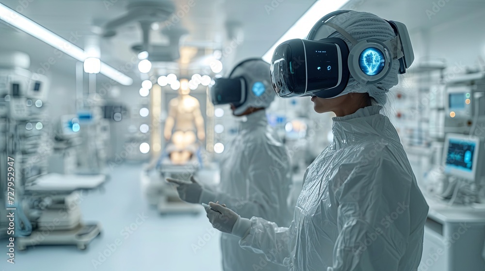 The operating room doctor and a nurse are both in white surgical suits, wearing VR headsets scanning the virtual body of a patient working intently, determined to find a way to cure the patient