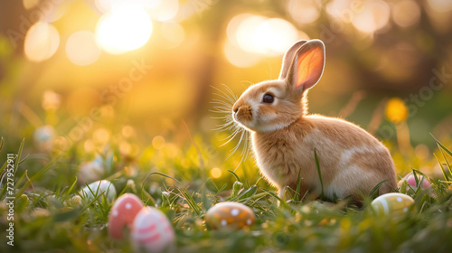 Enchanting Easter Delight Adorable Bunny Amidst Vibrant Egg Hunt in Sunlit Spring Meadow