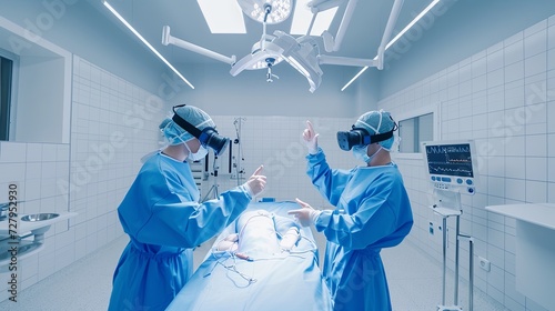 The operating room doctor and a nurse are both in white surgical suits, wearing VR headsets scanning the virtual body of a patient working intently, determined to find a way to cure the patient photo