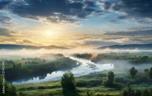 Panorama of a summer landscape with sunrise fog