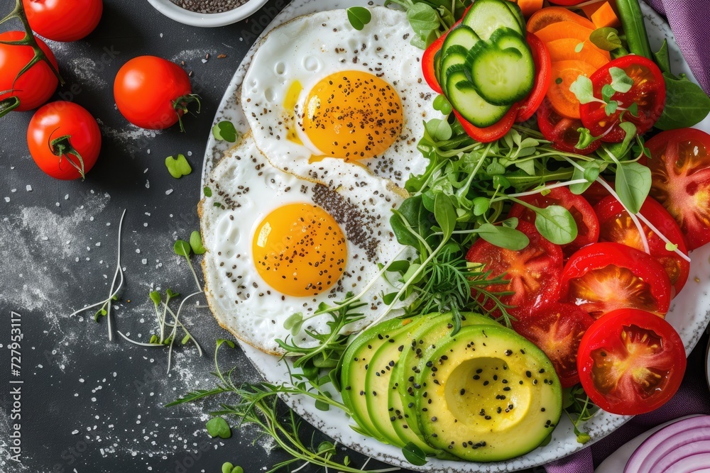 A colorful breakfast platter with fried eggs, fresh vegetables, and avocado slices