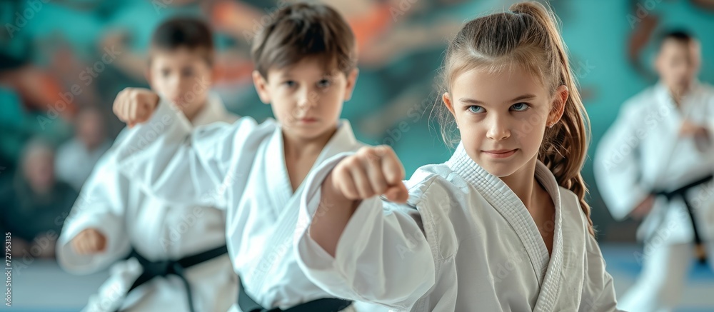 Fototapeta premium Dynamic Karate Girl and Boy Display Their Skills in Black Belts