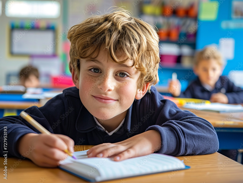 British boy kindergarten student sits and writes note in the classroom, Education in schools in the Europe zone, Classroom in kindergarten. British boy kindergarten student sits and writes note in the classroom, Education in schools in the Europe zone, Classroom in kindergarten.