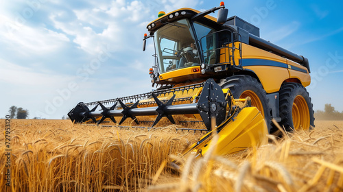 Close-Up View of a Modern Combine Harvester Efficiently Harvesting Crops in Vast Rural Fields, Showcasing Agricultural Technology and Productivity