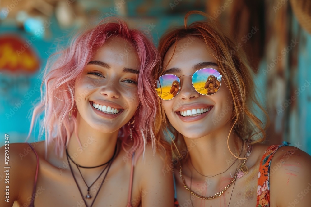 Obraz premium Two women radiating joy as they flaunt their fashion accessories and stylish clothing, their smiling faces adorned with delicate necklaces, captured in an outdoor moment of pure happiness