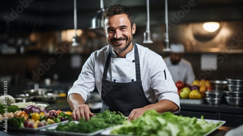 Handsome bearded chef in apron preparing food standing in modern restaurant kitchen
