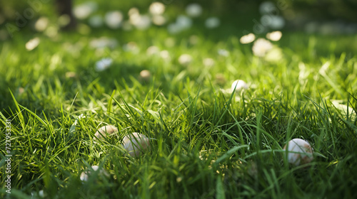 Easter egg hunt. Eggs laying in grass with flowers. Easter game.