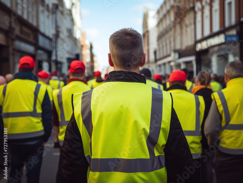 Group of striking workers wearing yellow safety waistcoats in the workplace