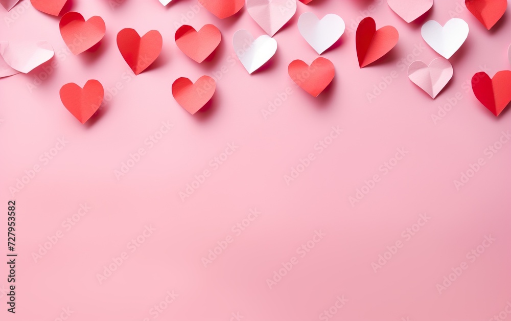 Paper hearts for Valentines Day on a pink background