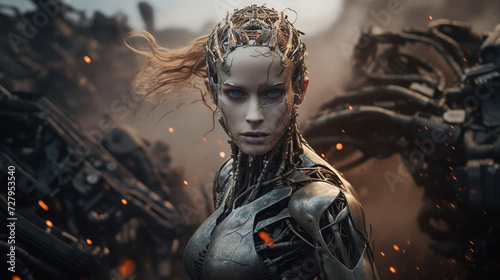 Futuristic Female Android with Intricate Circuitry, Sci-Fi Concept Art, Humanoid Robot in a Dystopian Setting