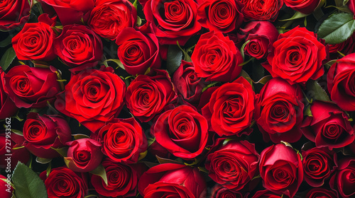 Lush Rose Garden, Full Frame of Bright Red Roses for Valentine's Day, Wedding Decorations, and Love Themes