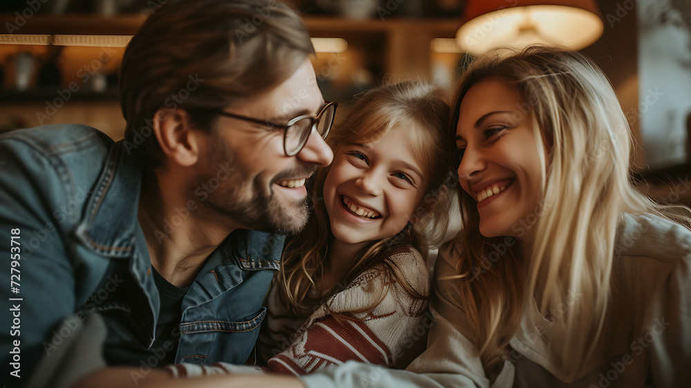 family portrait of parents and daughter smiling at home
