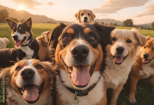 A group of happy dogs with a close-up of one at the front ai generated
