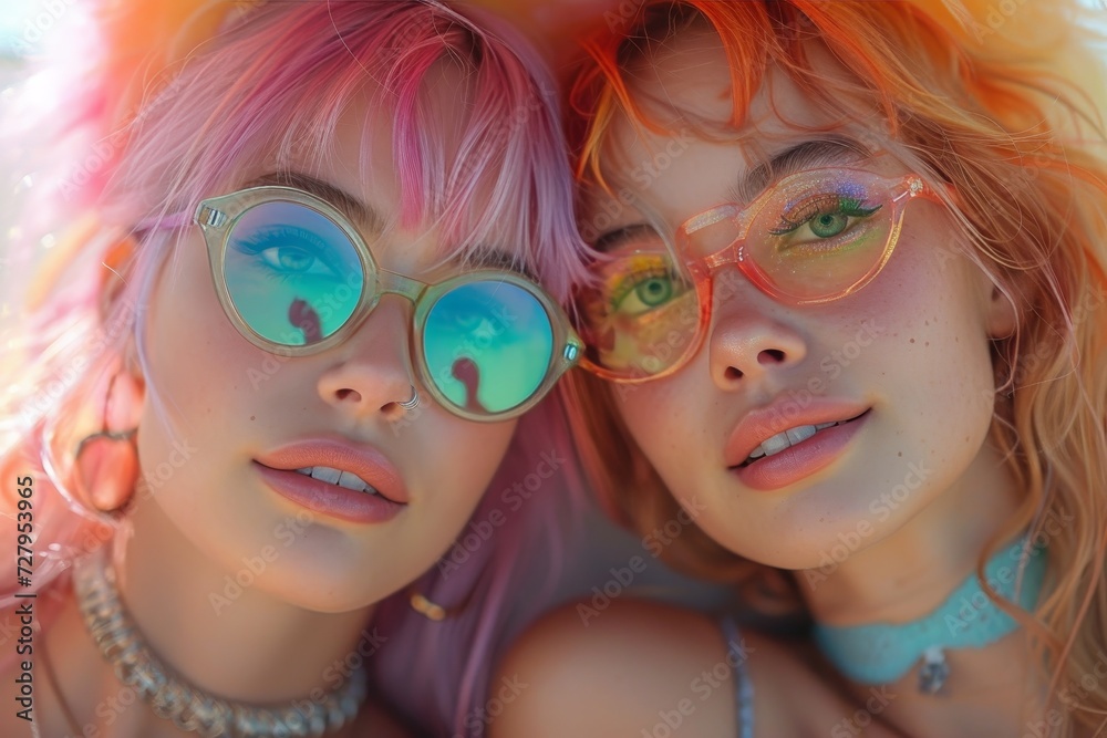 A vibrant and confident group of women with unique hair colors and stylish sunglasses, each sporting a bold smile and accentuated with colorful lipstick and eyelashes, exuding individuality and self- A vibrant and confident group of women with unique hair colors and stylish sunglasses, each sporting a bold smile and accentuated with colorful lipstick and eyelashes, exuding individuality and self-