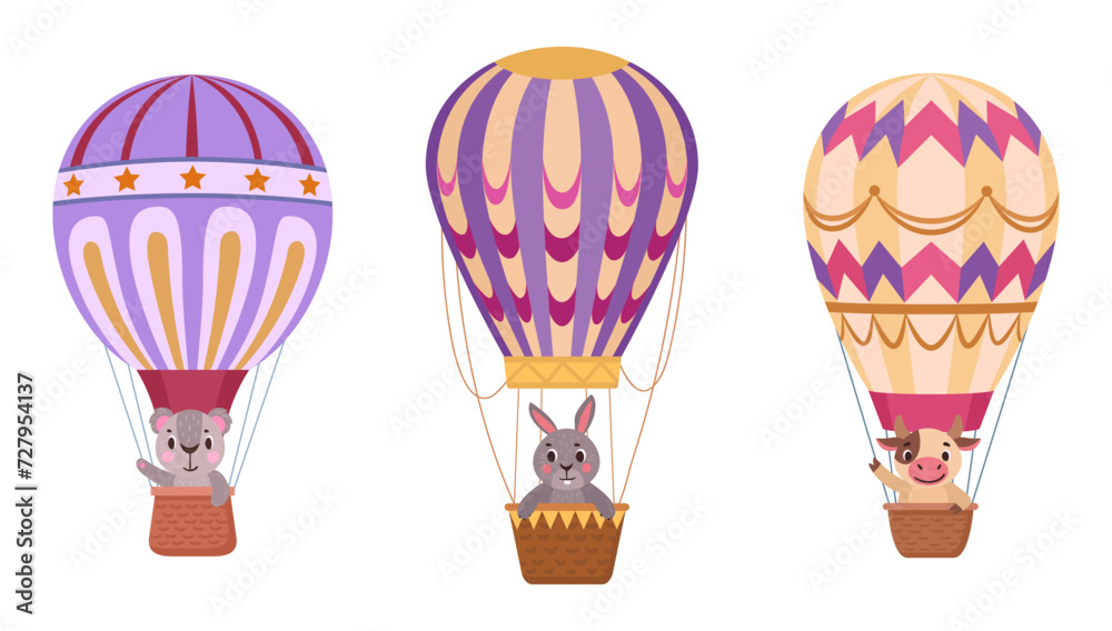 Fototapeta premium Animals flying on hot air balloons. Cartoon retro air transport with koala, cute cow and rabbit on board flat vector illustration set. Flying hot air balloon