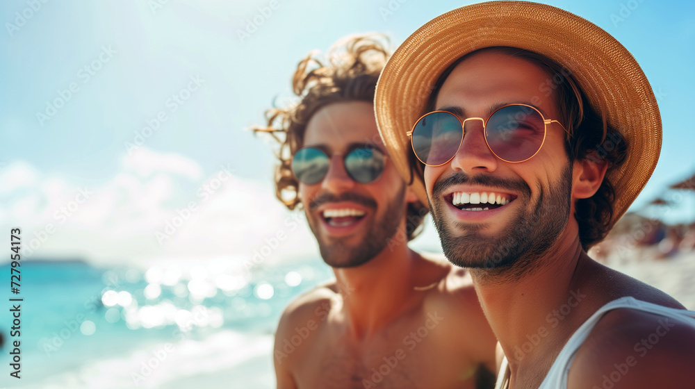 Two sun tanned happy men on a sunny beach -Generative AI