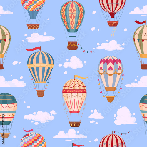 Hot air balloon pattern. Cartoon air balloons seamless background, retro aircrafts print flat vector illustration. Vintage air transport endless design