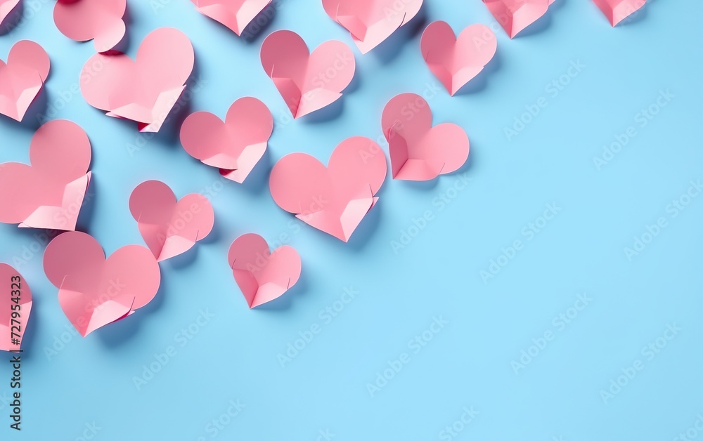 Pink paper hearts on blue background